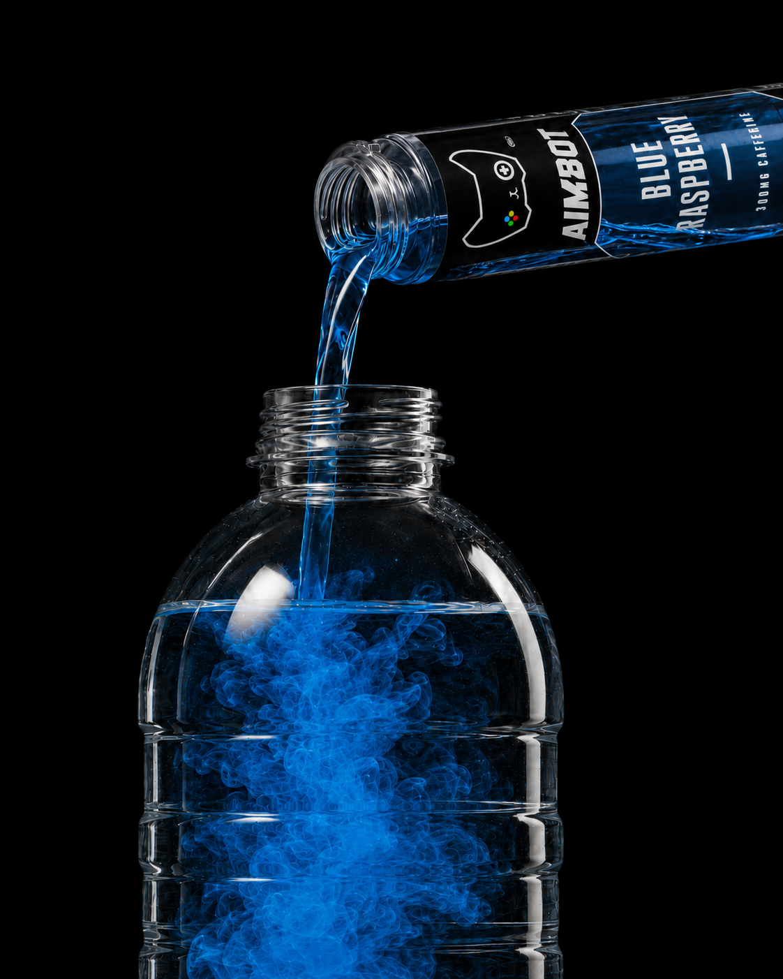 Blue AIMBOT energy concentrate being poured into a bottle of water